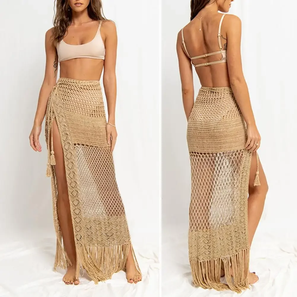 

Women Bikini Knitted Cover Ups Summer Crochet Cutout High Waist Sarong Beach Skirt with Tassel