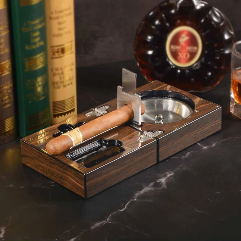 

Top Grade Wood Ashtray Box Piano Lacquer Cigar Holder Foldable Big Portable Tobacco Cigar Cutter Drill Cap Smoking Accessories