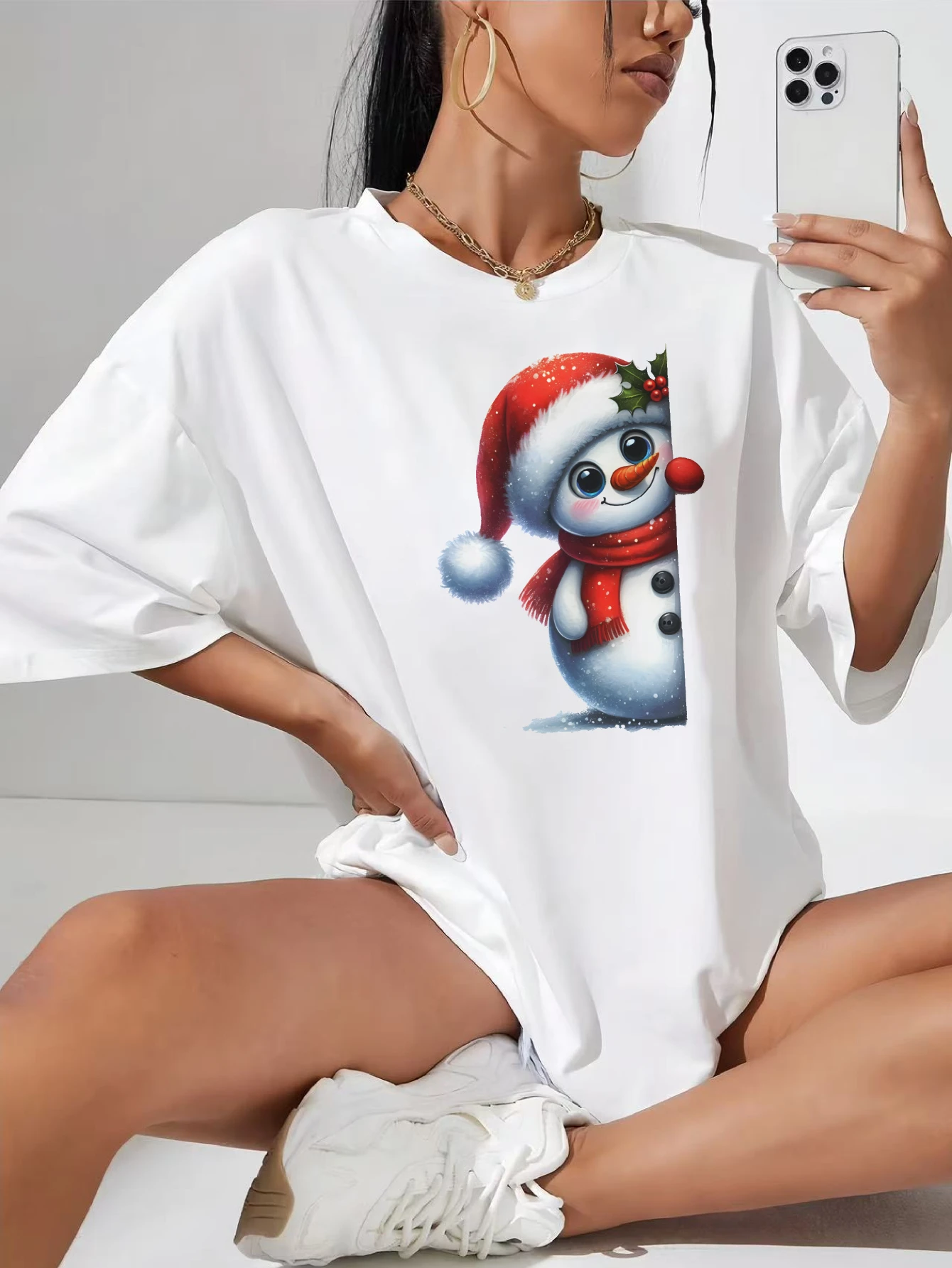 

Christmas Characters peeking around Casual White Cotton T-Shirt for Plus Size Women Perfect for Winter Christmas Comfortable