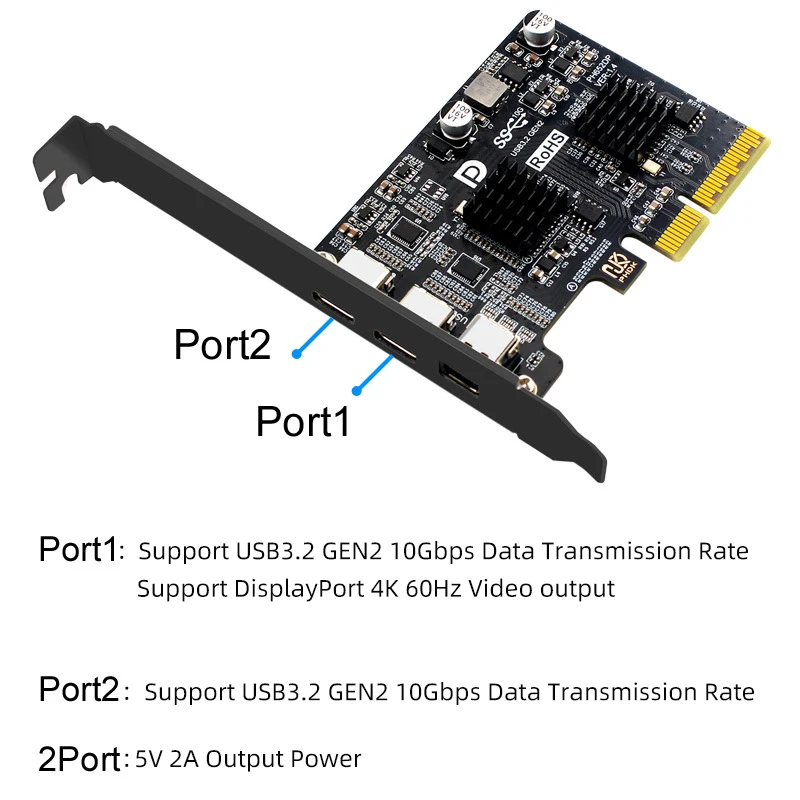 PCI-e X4 to Type-C Expansion Card USB 3.2 10Gbps Gen 2 Dual USB-C Port DP1.4 4K@60Hz Video Adapter Converter ASM3142 Controller