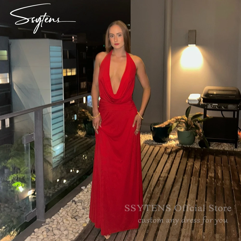 

SSYTENS Customized Sexy Deep V Halter Red Prom Gown Elegant Backless Long Party Dress Bodycon Women‘s ​Formal Evening Dresses