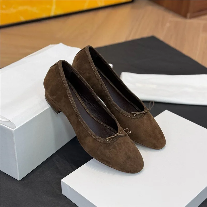 Dave&di Minimalist French Retro Suede Women's Shallow Mouth Minimalist Scoop Shoes Low Heel Genuine Leather Soft Leather Shoes