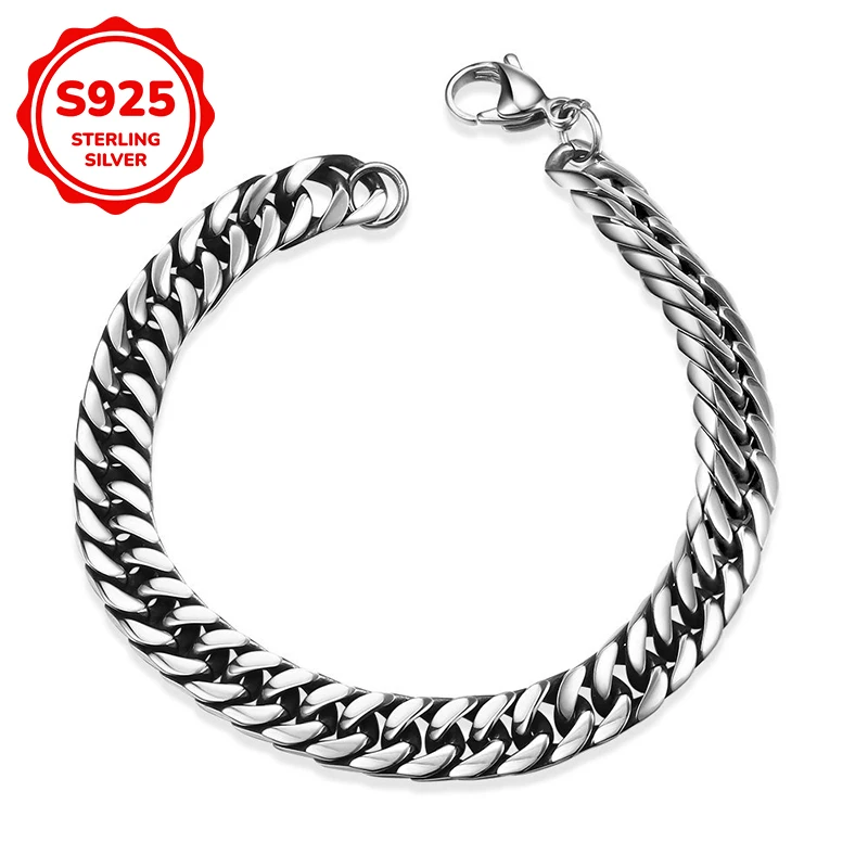 

925 Sterling Silver Hip Hop Double Chain Bracelet Men Original Certificate Curb Cuban Link Crystal Decor Fashion Male Jewelry