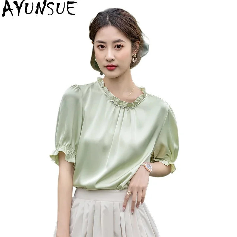 AYUNSUE 100% Real Mulberry Silk T Shirts for Woman Luxury 2024 Casual Tops Summer Women Clothing Essentials Cute Top Camisetas