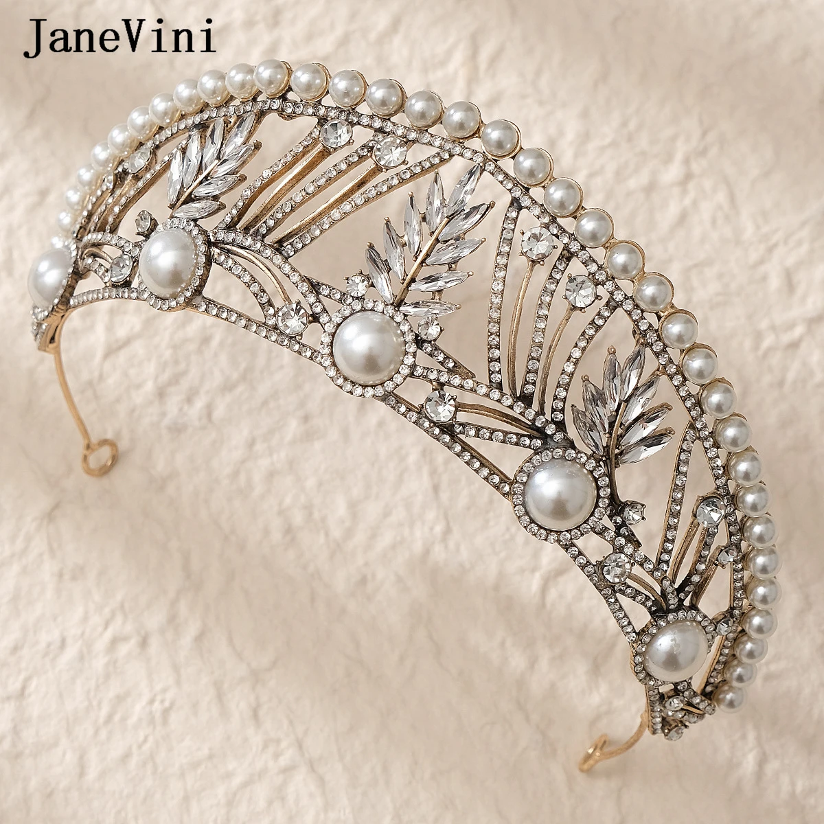 

JaneVini Vintage Saudi Arabia Wedding Crown for Bride 2023 Luxury Women Pearl Rhinestone Tiaras Headbands Bridal Hair Jewelry