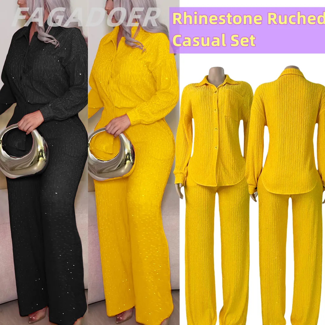 FAGADOER Casual Sparkle Textured 2 Piece Sets Fashion Buttons Long Sleeves Lapel Blouse + Wide Leg Pants Outfits Elegant Suits
