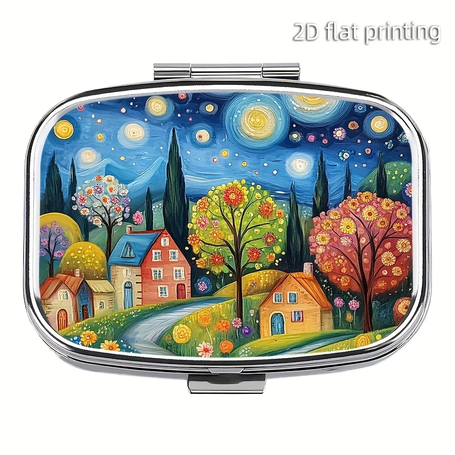 1 Beautiful Countryside-Themed Pill Box - Compact 2-Compartment Pill Case, Portable Wallet Vitamin Container, Mini Travel Pill Storage Box, Perfect Gift for Seniors and Travelers