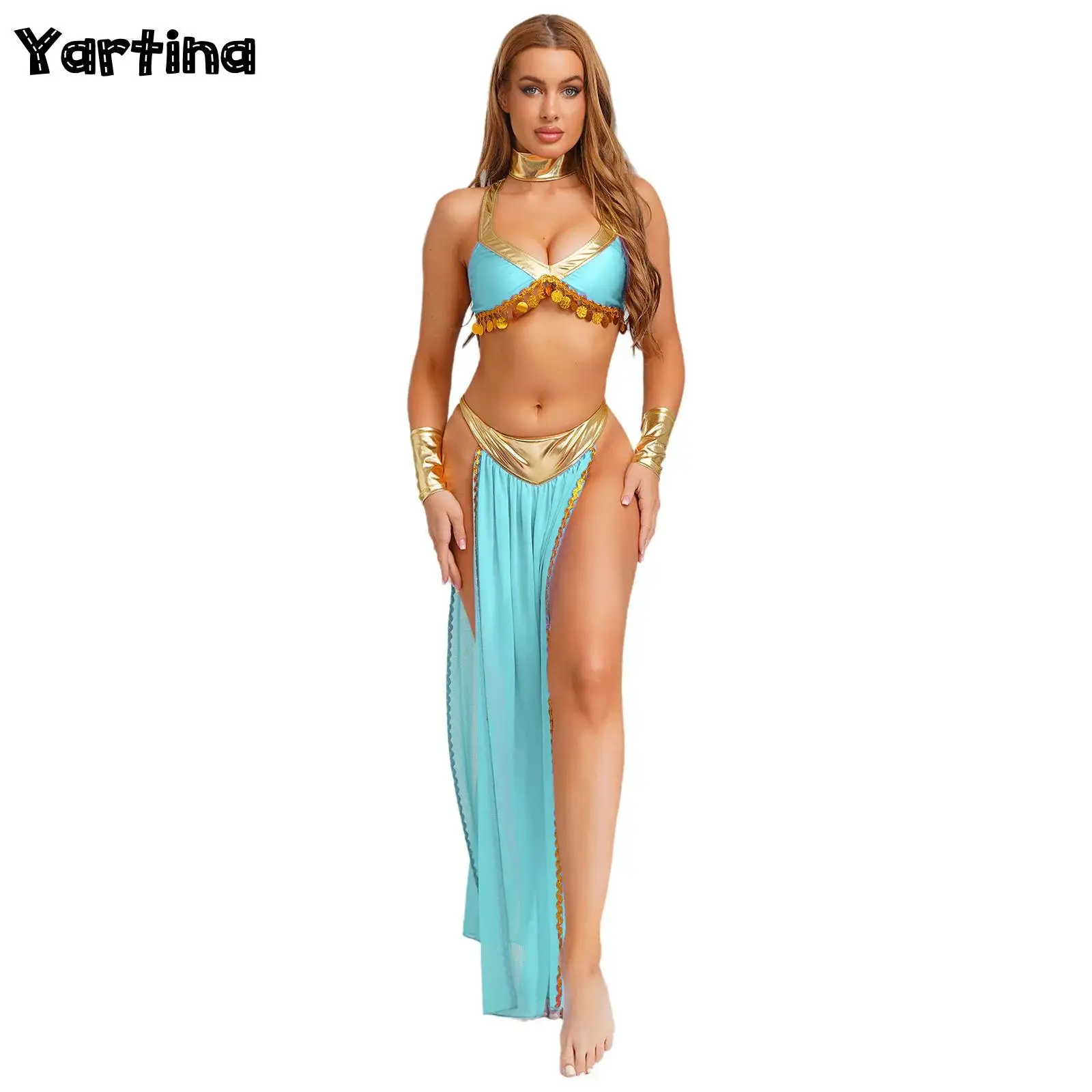 

Womens Oriental Indian Arabian Princess Belly Halloween Bellywood Dance Costume Metallic Shiny Crop Top Side Slit Chiffon Skirt
