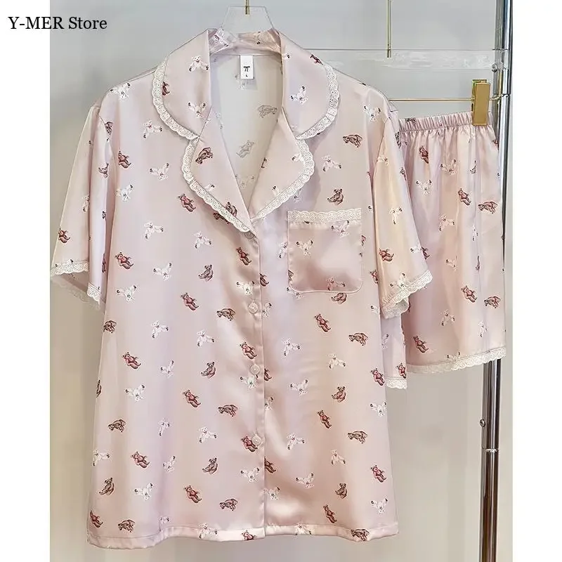 

Pijama Mujer Satin Sleepwear Kawaii Bear Print Pajamas Set 2Pcs Shorts Suit Lace Trim Loungewear Pyjamas Femme Summer Nightwear