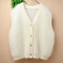 Ladies Women Fall Winter Clothing Beige Hairy Plush Mink Cashmere Knitted Sleeveless Thick Warm V-Neck Jacket Vest Sweater Coat