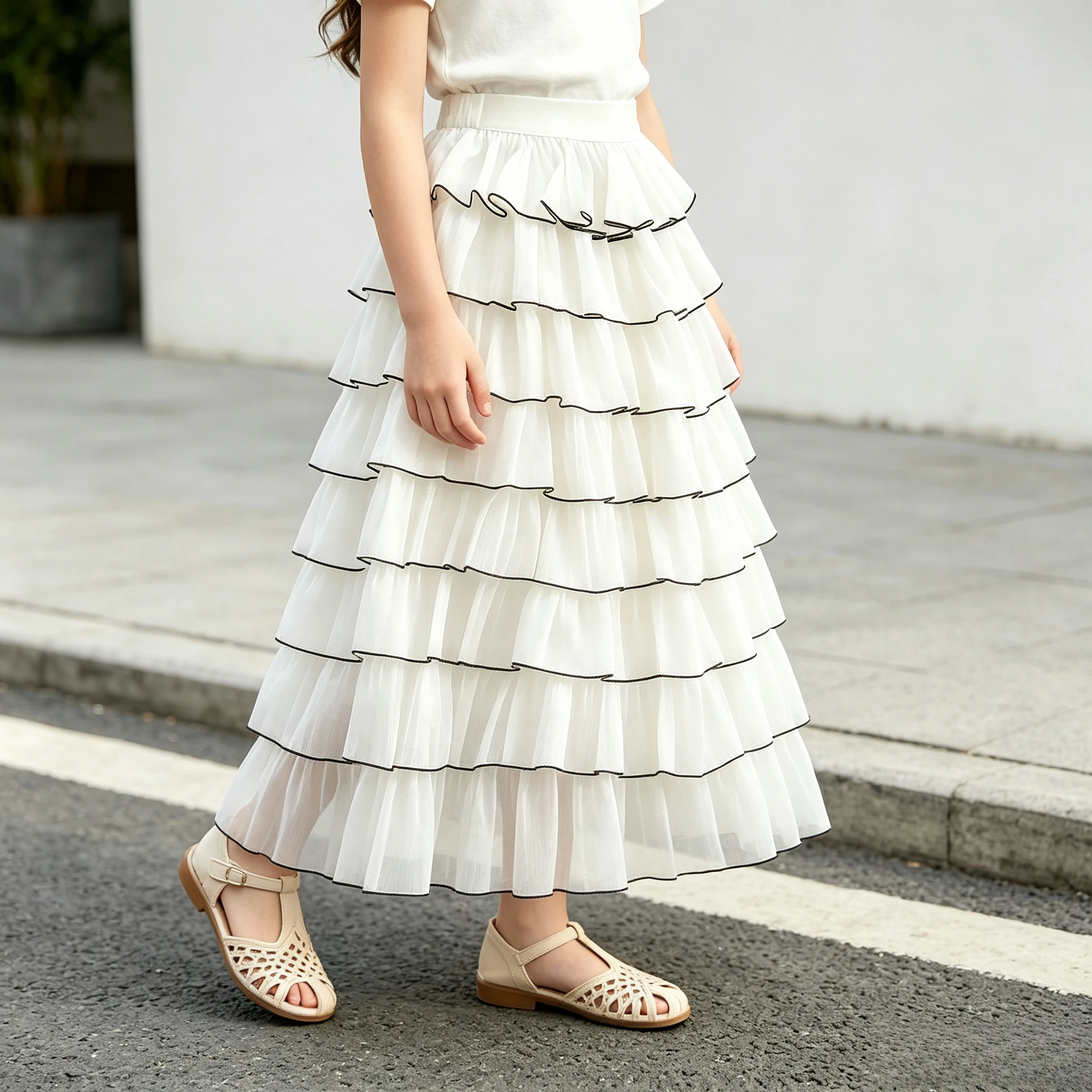 Girls White Tiered Tulle Cake Skirt Elastic Waist Black Piping Ruffle Flowy Layered Long Skirt for Teen Summer Daily Casual Wear