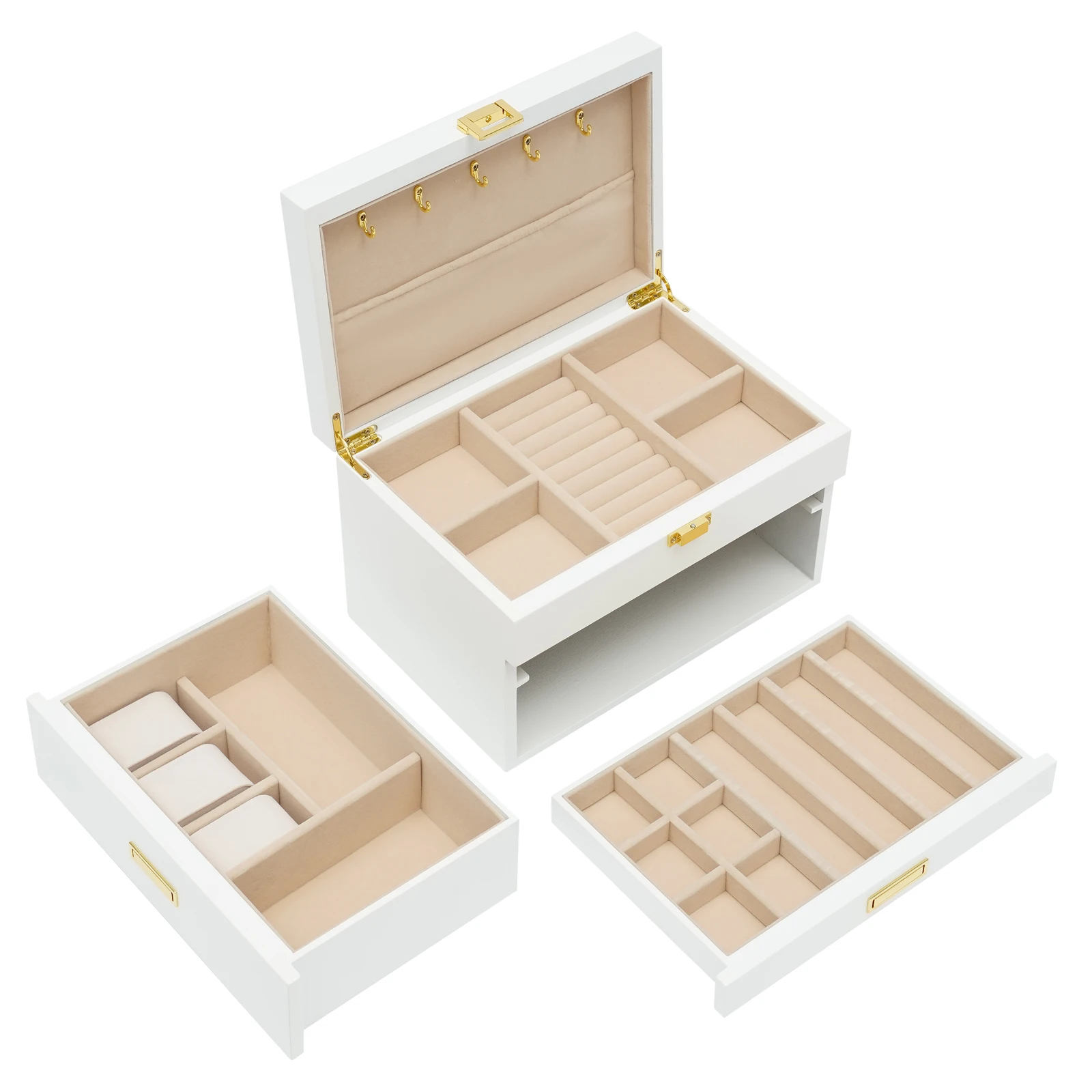 Elegant White Large Jewelry Storage Case 3 Layer Anti-Scratch Flannel Lining Removable Watch Pillow Ring Slot Hidden Pull Drawer Anti-Slip Base Water Dust Resistant Ready to Use Dresser Jewelry Display Box for Ladies Daily Accessories