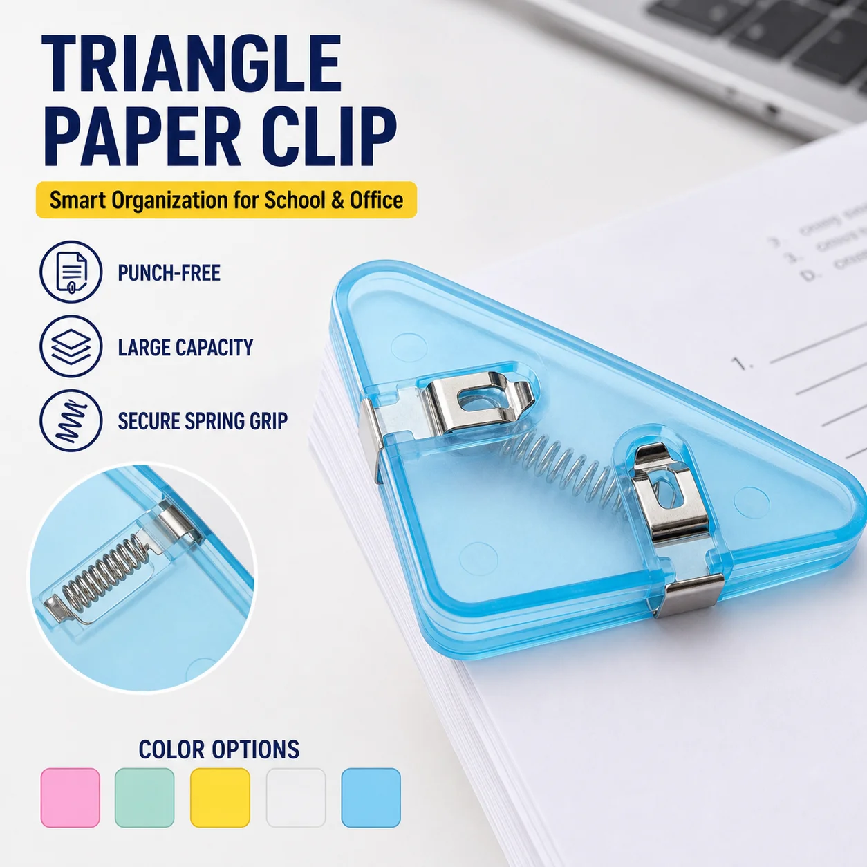 Transparent Triangle Corner Paper Clip, Large Capacity Punch-Free Document Clamp for Exam Papers Notes Students School Office