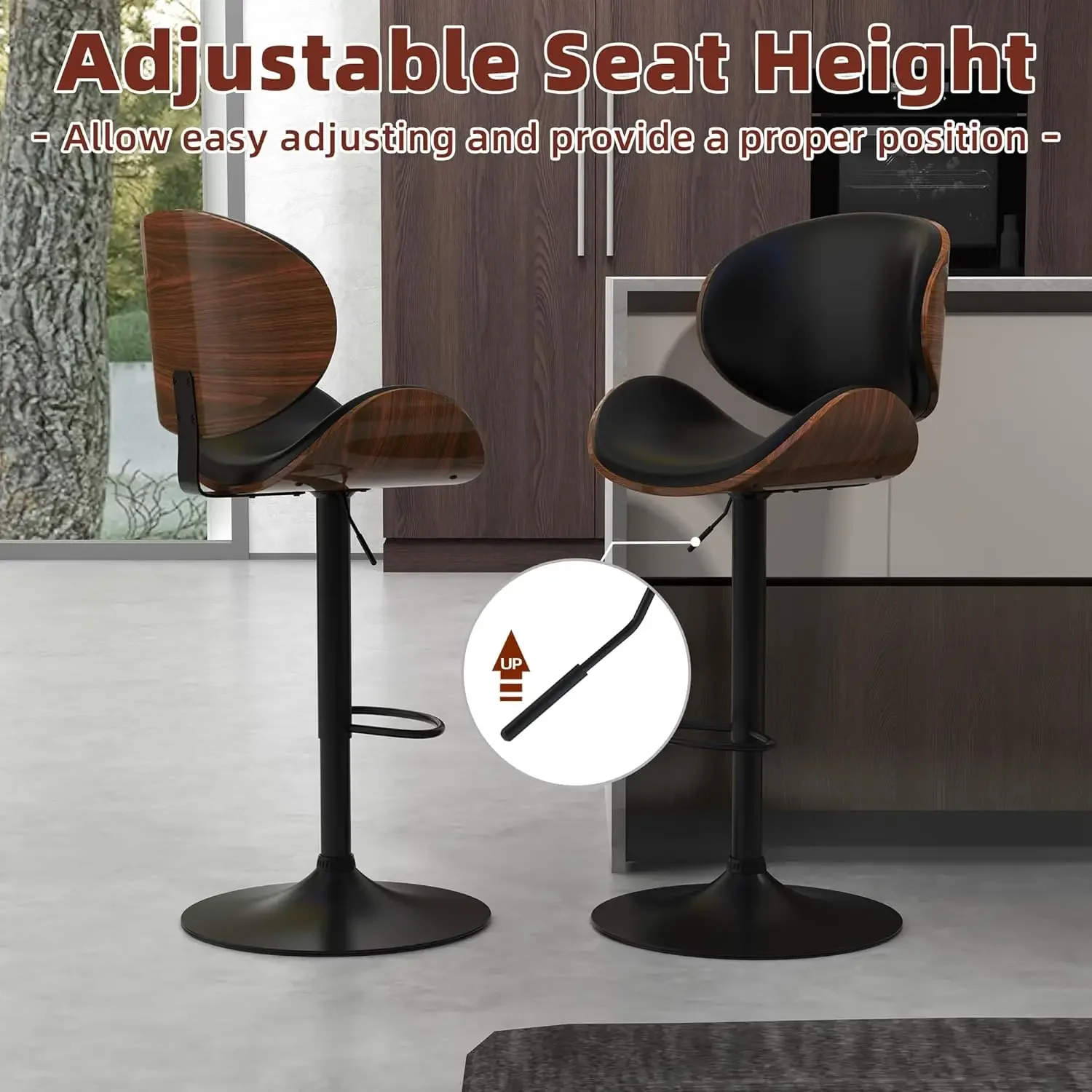 Bar Stools Set of 2 for Kitchen Counter, Adjustable Bar Height Chairs, Modern Swivel Barstools with Bentwood Seat