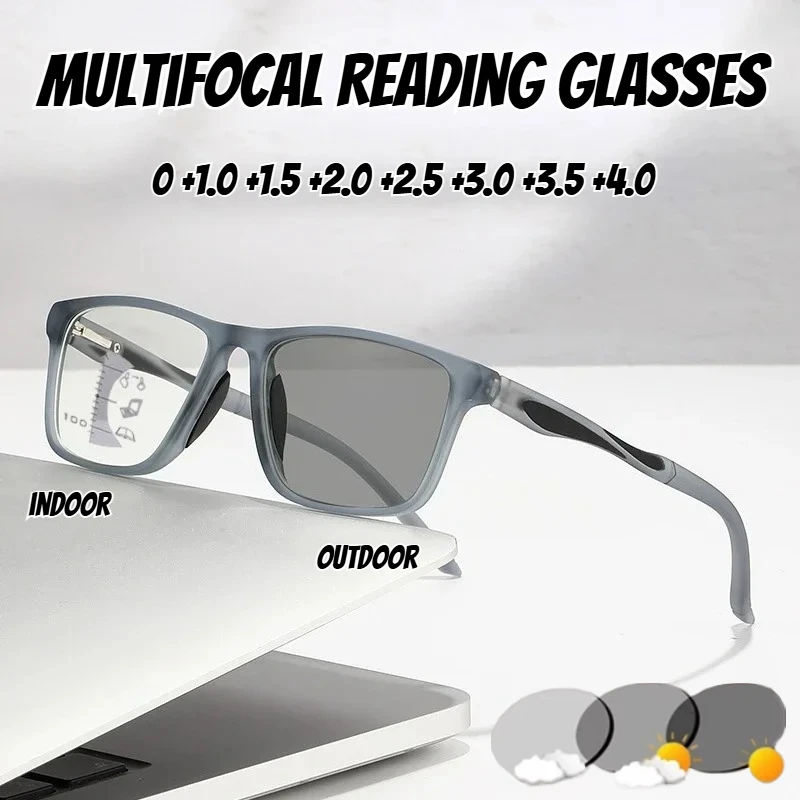 

Neutral Fashion Photochromic Multifocal Reading Glasses Sport-Style HD Blue Light Protection Progressive Presbyopia Glasses +4.0