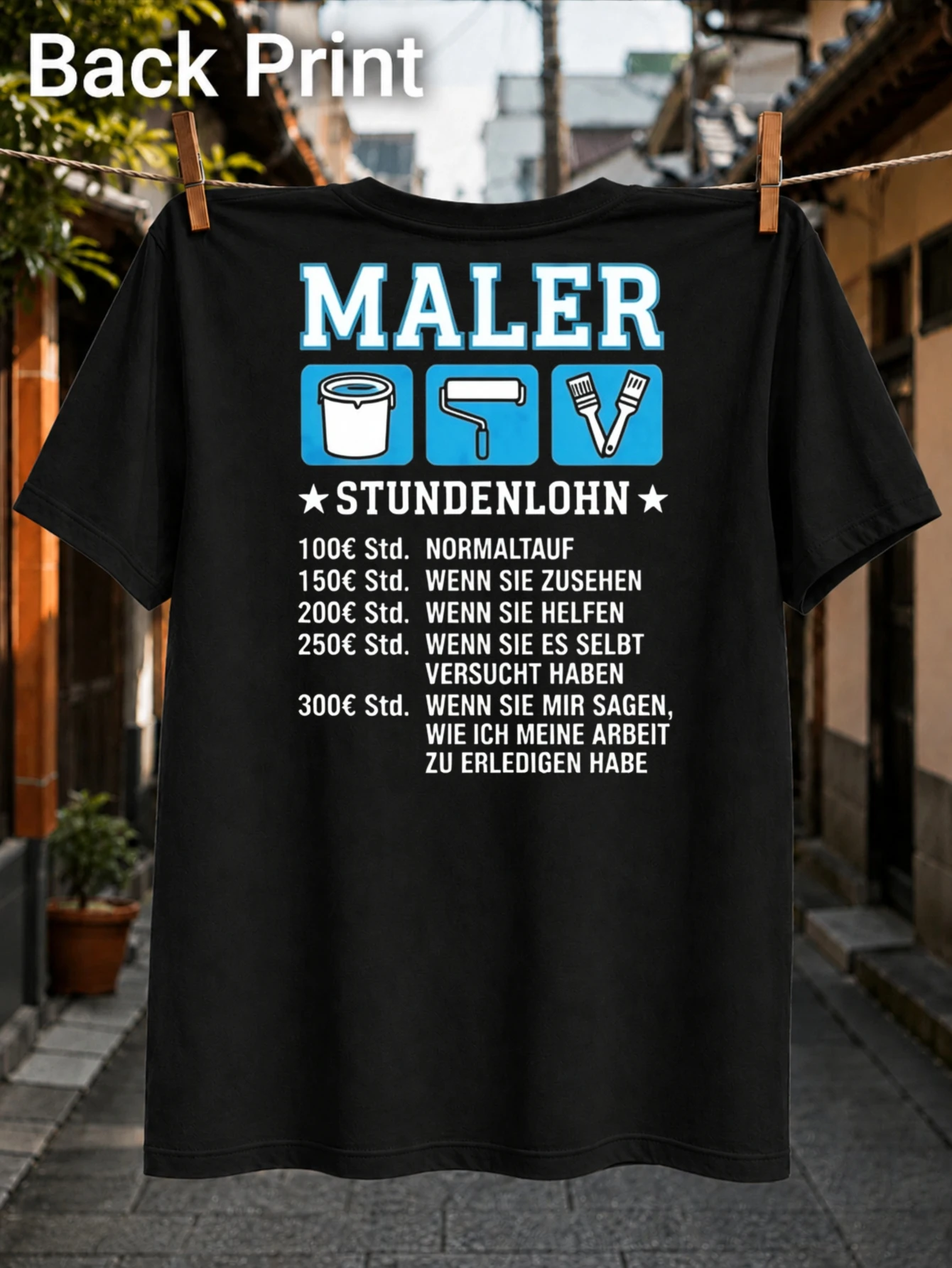 German Maler Stundenlohn price chart with paint bucket roller and brush icons in blue humor Unisex  Unisex All T-Shirt