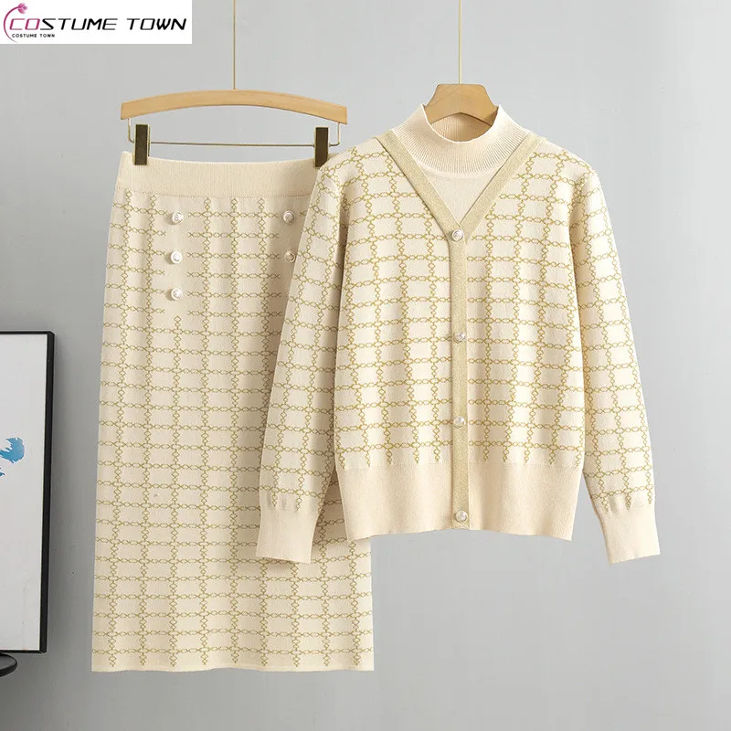 

European and American style autumn and winter new fashion plaid knitted sweater+French skirt two-piece set