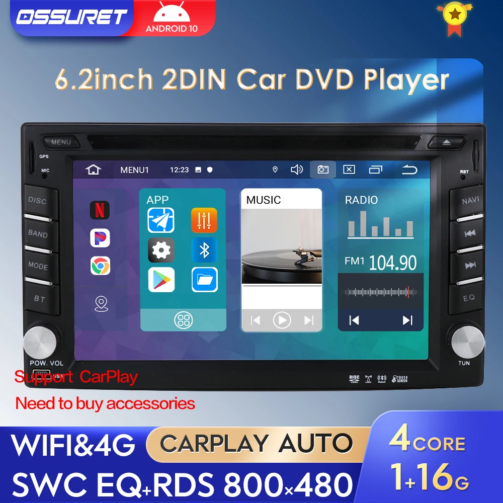 2din Car Radio Android 10 Multimedia DVD Player For Volkswagen Nissan Hyundai autoradio 6.2inch Head Unit 4G Bluetooth GPS Navi