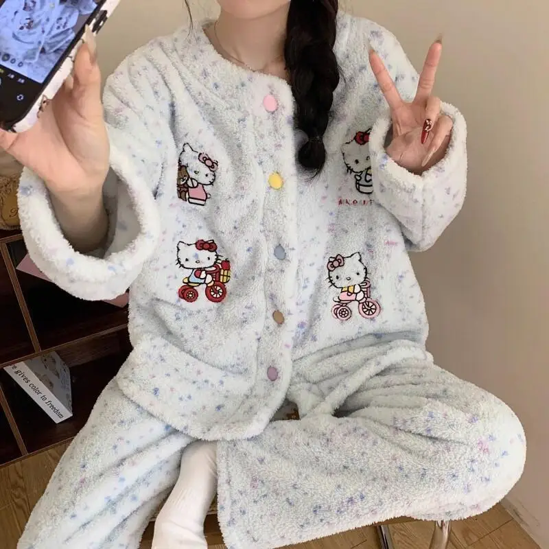 

Новая женская домашняя одежда Sanrio Sweet Hello Kitty: осенне-зимняя пижама из фланели с начесом, утепленная, для повседневной носки, в корейском стиле