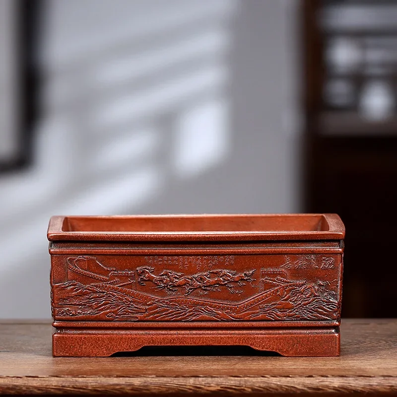 Purple Sand Bonsai Pot, Chinese Carved Pattern, Garden Decoration