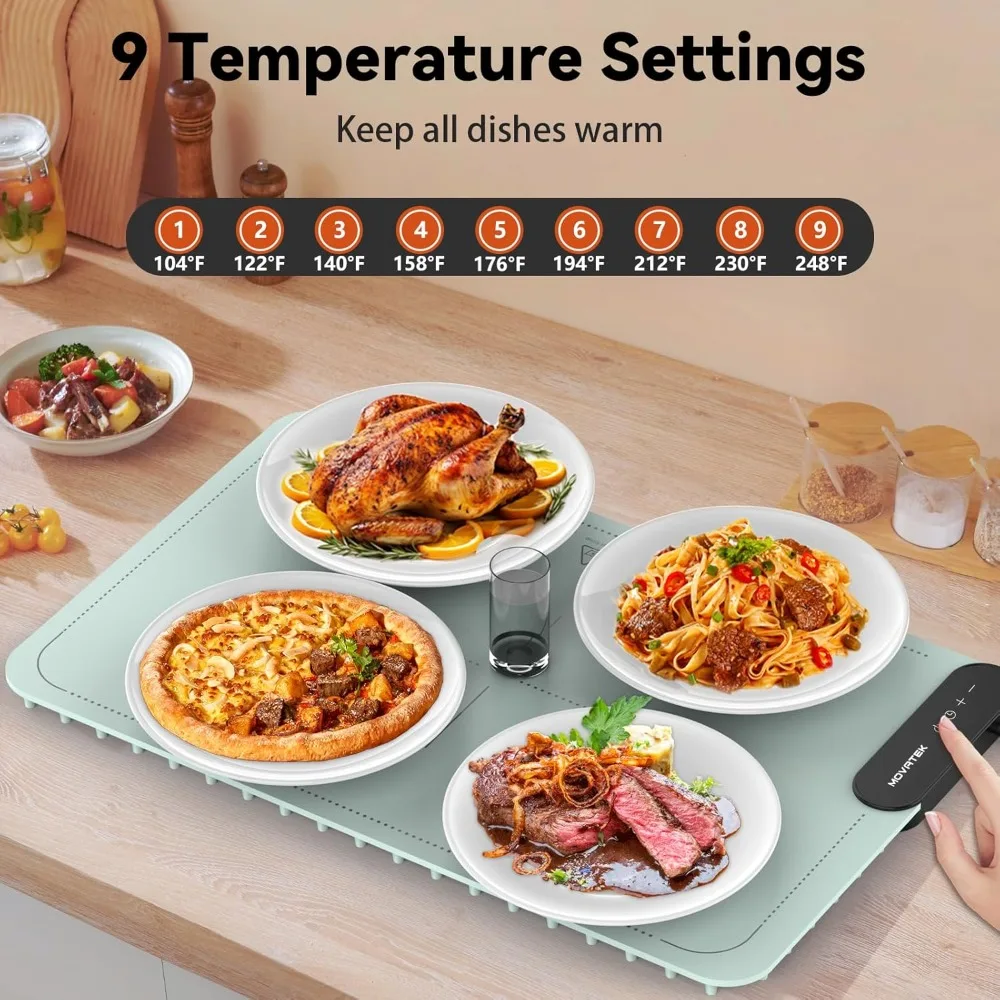 

Electric Food Warming Mat 9 Temperature Settings Quick Heat Pad Auto Shut Off Timer Portable Silicone Warmer for Party