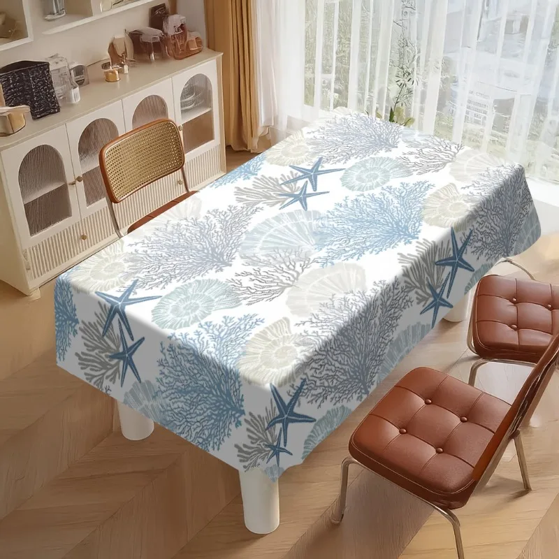 1pc Coastal Sea Star Tablecloth - Ocean Shell & Coral Reef Design, Rectangular Polyester Fabric, Dining Room, Summer Parties