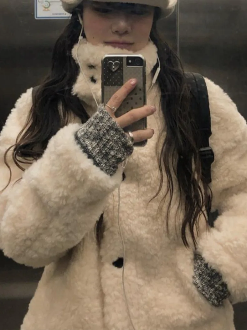 Jaet elegante de invierno con cuello alto y un solo botón de piel de cordero para mujer, abrigo largo informal holgado a la moda, cálido