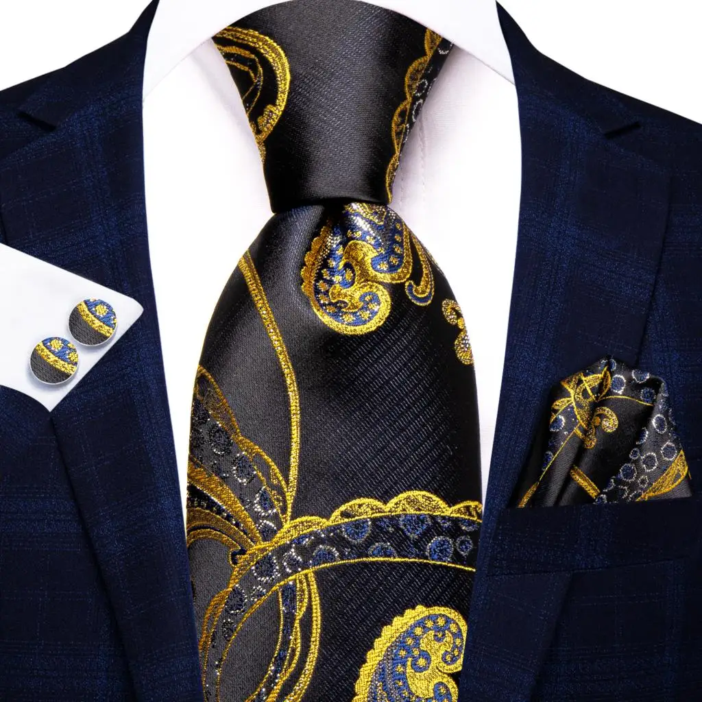 

Black Gold Paisley Silk Wedding Tie For Men Handky Cufflink Gift Men Necktie Fashion Business Party Dropship Hi-Tie Designer