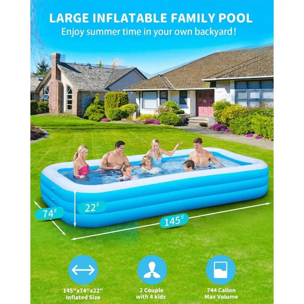 

Extra Large Inflatable Pool for Adults, 145"x74"x22" Big Thickened Swimming Pool, Full Size Family Blow Up Pools for Backyard