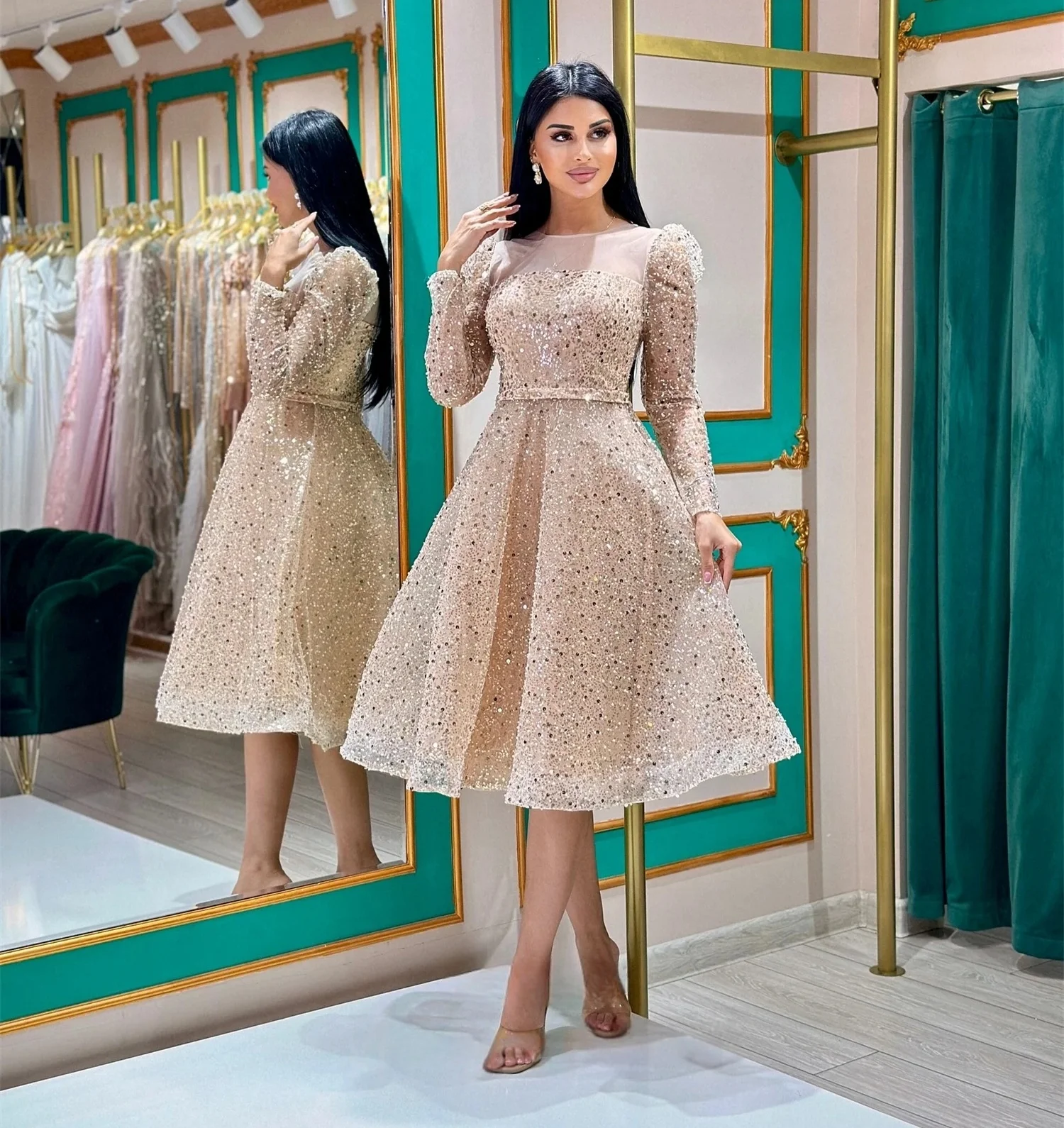 

Sequins Long Sleeves Bespoke Occasion Gown Evening Dresses Pastrol Unisex Jersey Retro Dubai Saudi Arabic Prom Customized