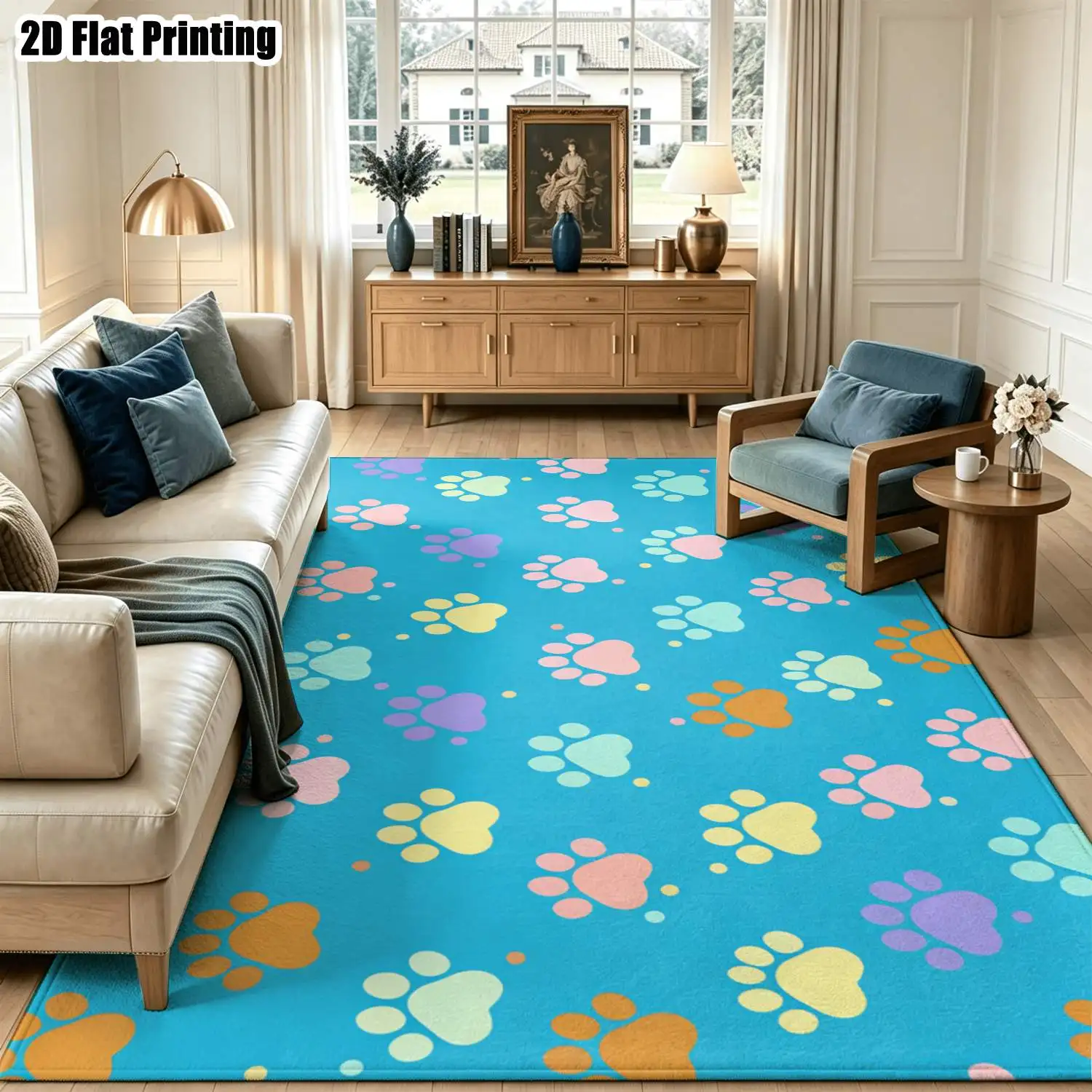 1Pc 2D Printed Carpet: Blue Base, Colorful Paw Print Nordic-Style, Instagram-Worthy, Modern Minimalist Geometric Floor Mat for Home Decor, Available in Multiple Sizes, Machine Washable, Suitable for Entryway, Dining Room, Foyer, Bedroom, Living Room.