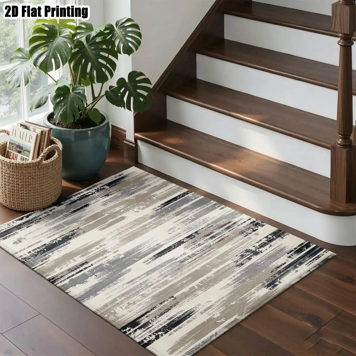 1Pc 2D Printed Carpet: Black & Gray Abstract Line Patterns, Nordic/Instagram Style, Modern Minimalist Geometric Striped Floor Mat, Washable, Multi-Size, Ideal for Home, Entryway, Living Room, Bedroom, Dining Room, Foyer