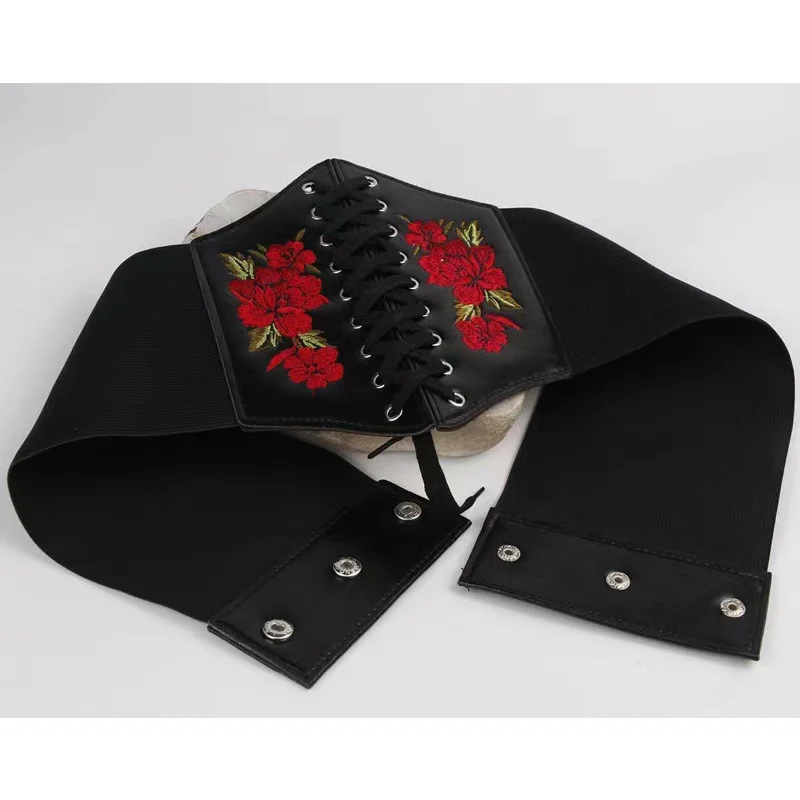 Women\'s Corset Belt Gothic Fashion PU Flower Embroidery Cummerbunds Female Slimming Waist Band Vintage Black Wide Belt for Girl