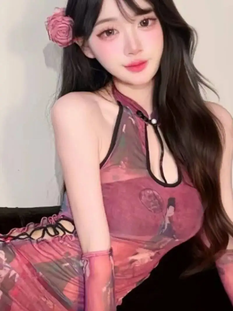 Sexy Cheongsam Sexy Pure Desire Beautiful Back Dress Elegant Uniform Women Mesh Lace Thin Fashion Mini Dress 2025 New TEC4