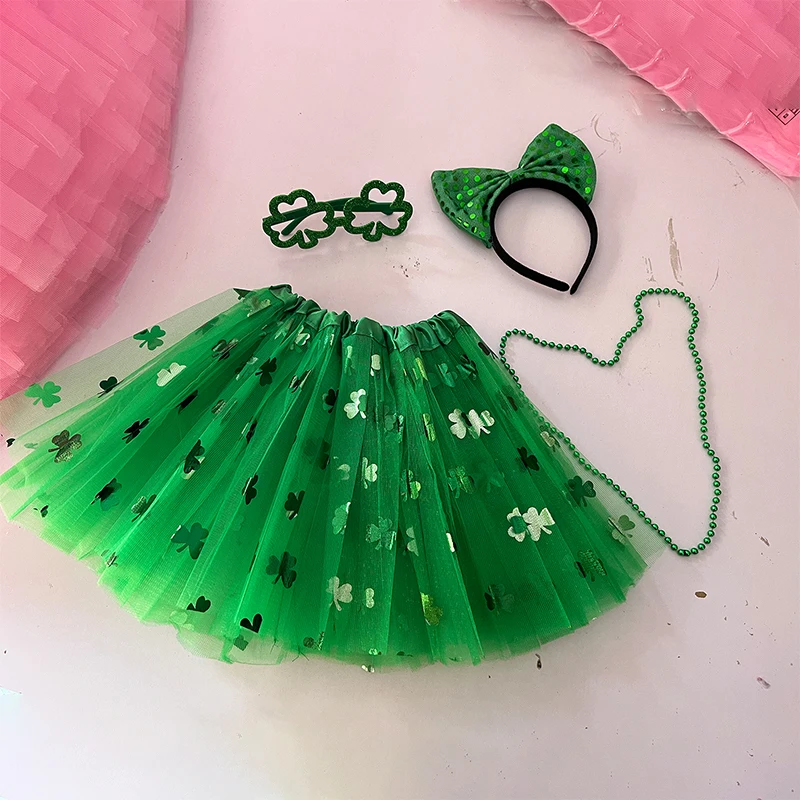 St. Patrick's Day-Kostümset mit Kleeblatt-Brille, Schleife, Stirnband, Rock und Halskette – 4-teiliges Outfit für Mädchen