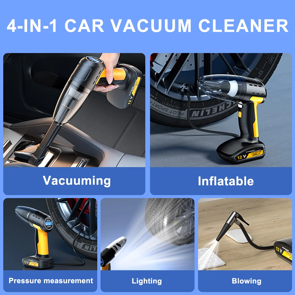 Car Vacuum Cleaner Cordless Tyre Inflator LED Lighting Portable Vacuum Cleaner Rechargeable Air Compressor 4 in 1 Strong Suction