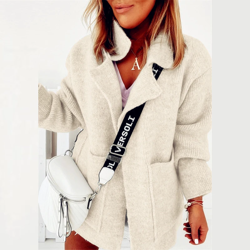 Women's Elegant Knitted Sweater Cardigan Jacket Autumn Lapel Tops Retro Warm Pocket Long Sleeve Jacket Top 2023 Black Cardigan