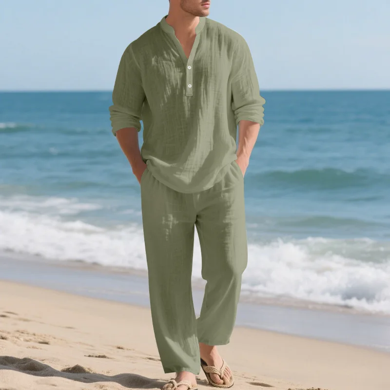 リネン秋新作メンズスーツビーチスタイルゆったりカジュアル通気性Vネック長袖ヘンリーシャツとストレートレッグパンツ2点セット
