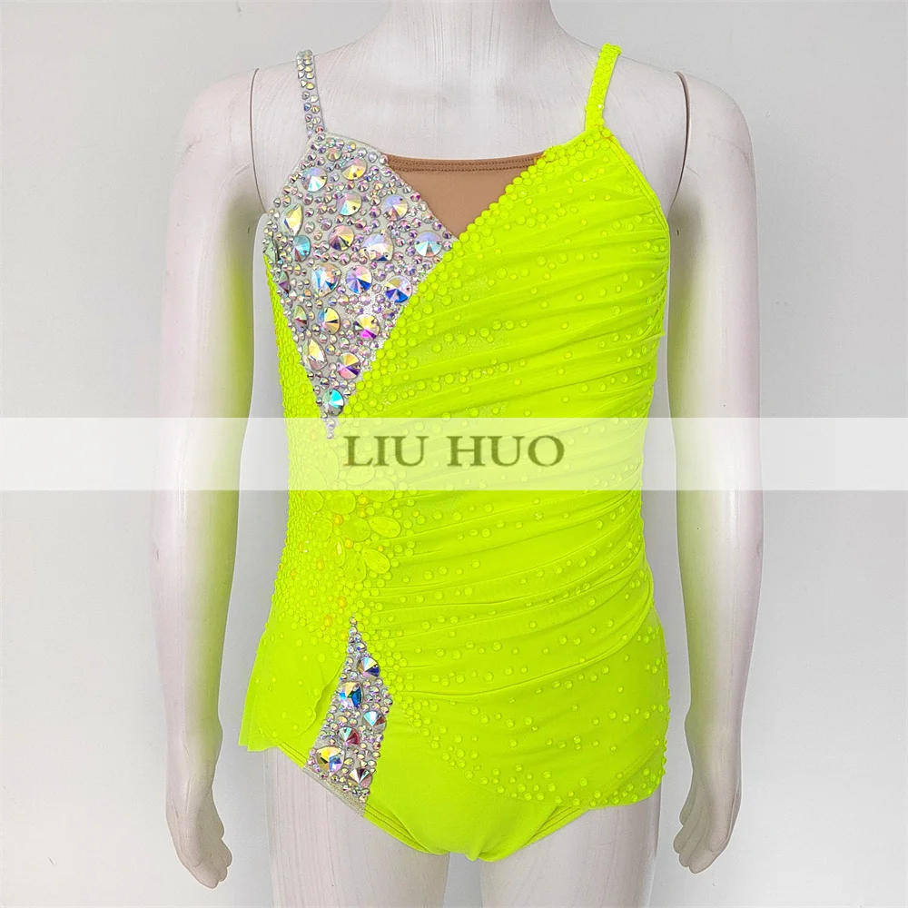 LIUHUO Rhythmic Gymnastics Leotard Aerobics Adult Women Girl Costume Performance Competition Dance Dress Fluorescent Green Teens