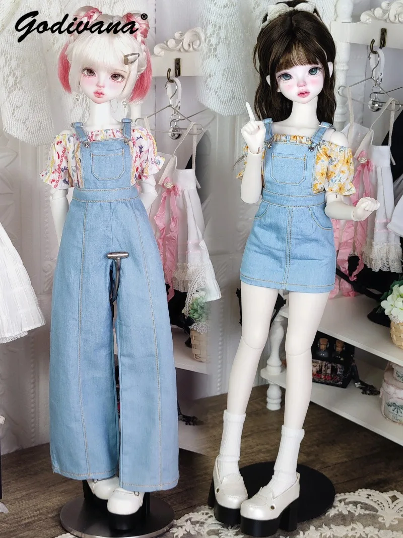 1/3 1/4 BJD Doll Clothes Cute Light Blue Denim Overalls skirt and Pink/yellow Floral Elastic Bubble Sleeves One-shoulder Top