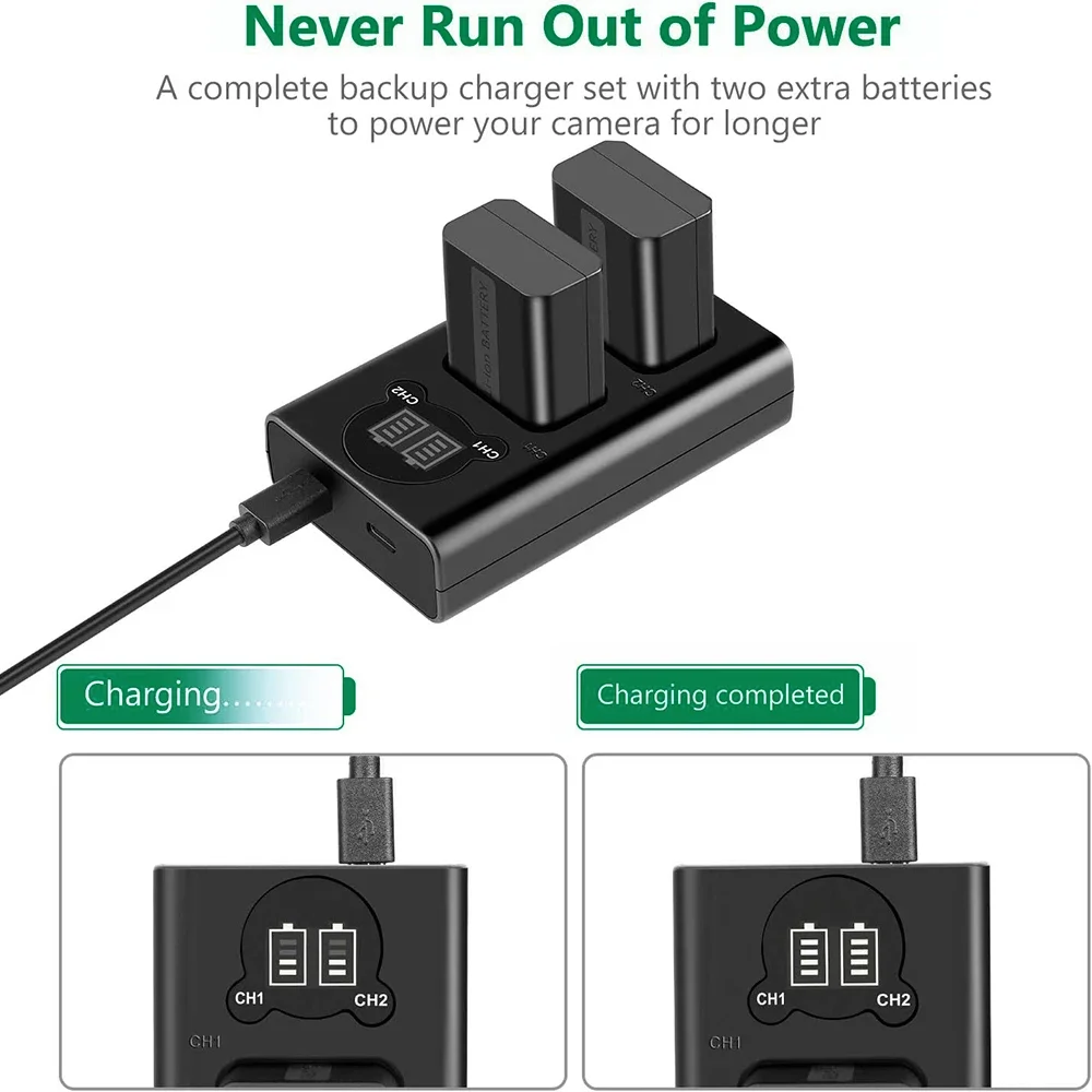 NP-FW50 Battery for Sony Camera A5100 A6000 A6100 A6300 A6400 A6500 A7II A7RII A7SII NEX-3 5 7 ZV-E10 RX10 NPFW50 Dual Charger view 5