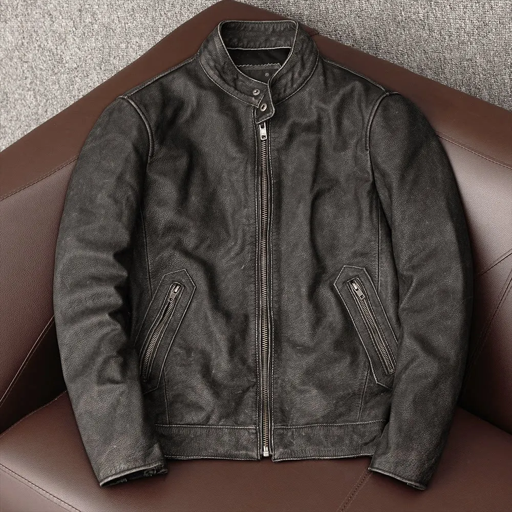 

Pure first-layer cowhide leather men's short stand-up collar, retro nostalgic leather jacket