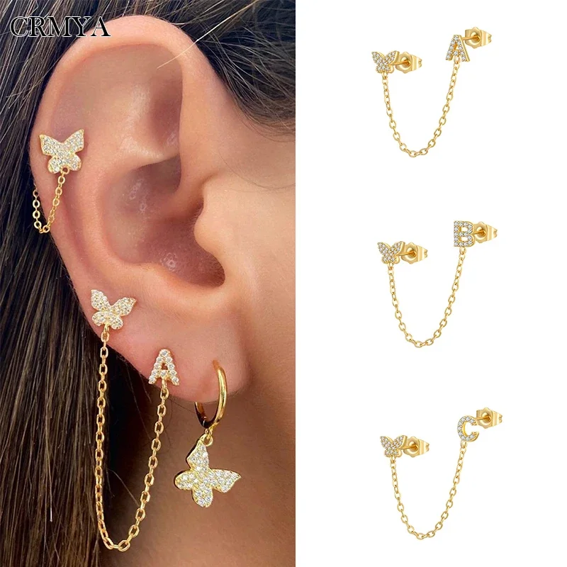 CRMYA 1 PC A-Z Letter Butterfly Initial Earrings For Women Gold Silver color Pave Zircon Connected Initial Chain Stud Earrings