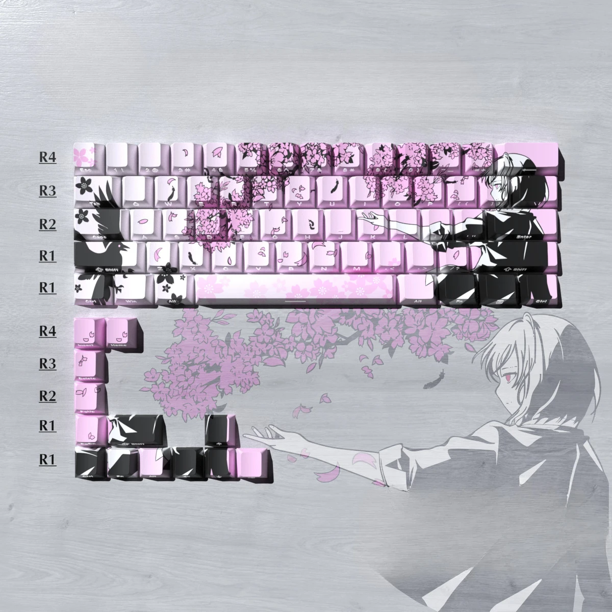 

Колпачок для клавиш с порошком сакуры. Оригинальная высота с боковой гравировкой, светопропускающий материал PBT. Пятисторонняя сублимационная колпачок для клавиш.