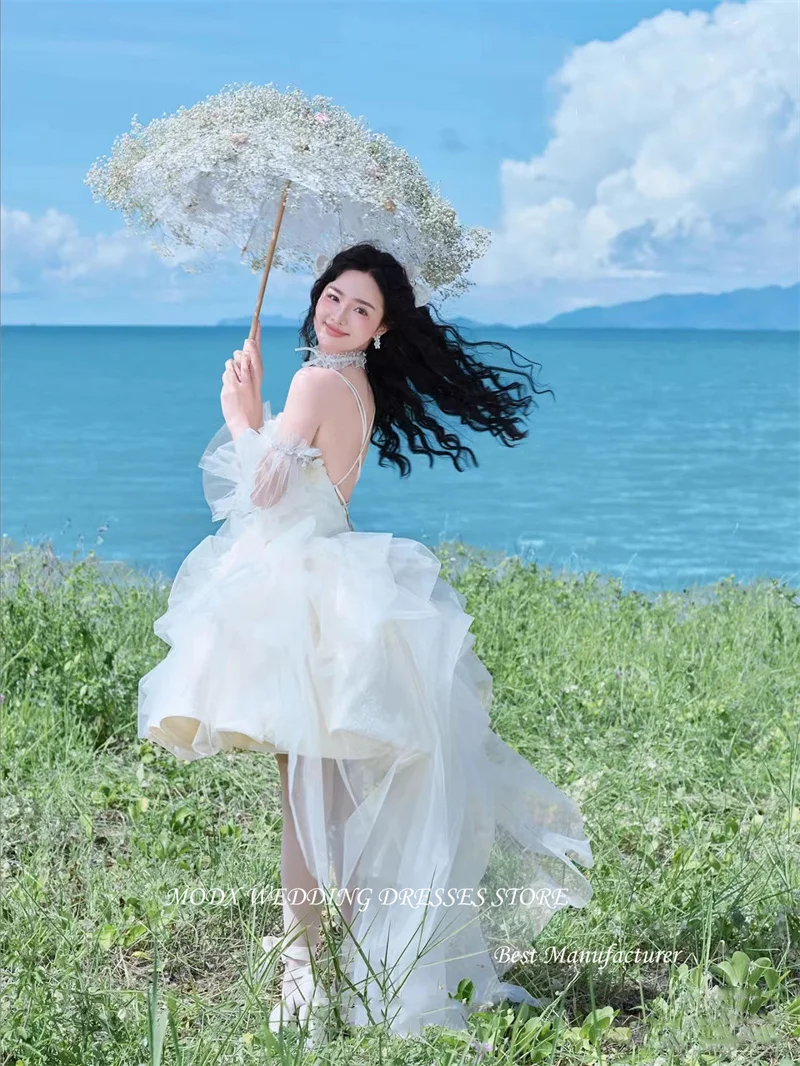 MODX الأميرة فساتين زفاف قصيرة كوريا التقطت الصور السباغيتي الأشرطة الحبيب رقيق زي العرائس نفخة الأكمام فستان عروس