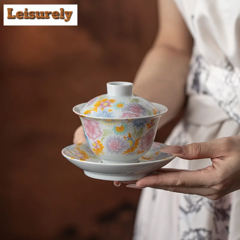 

160ml Enamel Color Flowers Gaiwan Vintage Tea Tureen Tea Bowl With Lid Kit Tea Brewing Cover Bowl Kung Fu Tea Set Supplies Gift