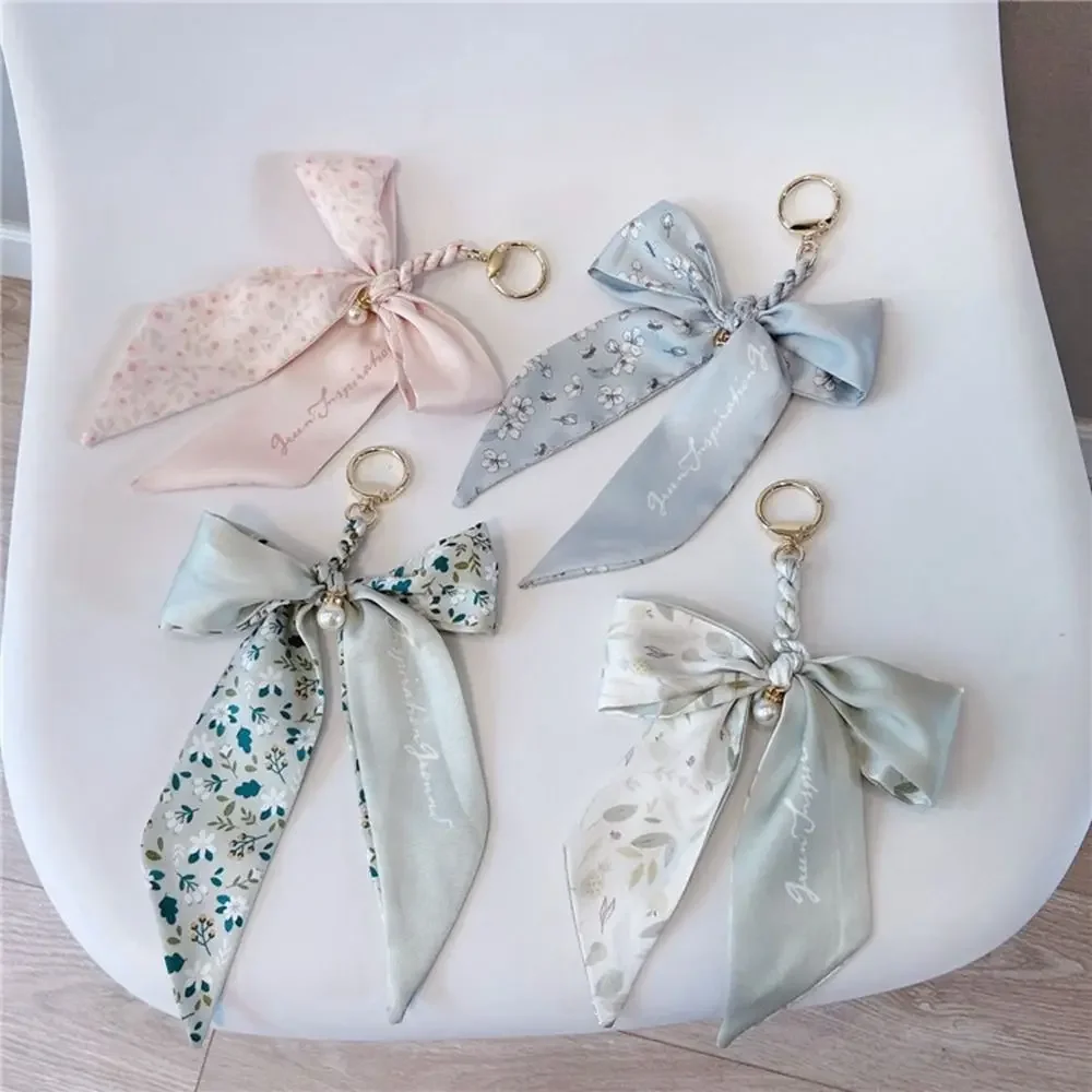 

Creative Pearl Scarf Bow Keychain Flower Stripe Bowknot Bag Pendant DIY Printed Bag Accessories Girl