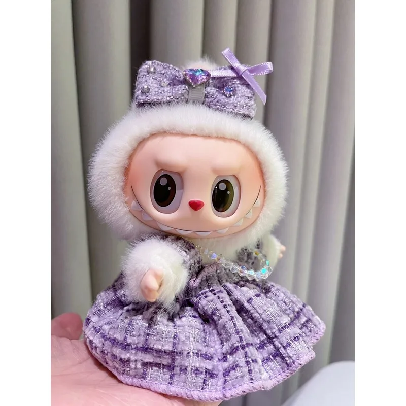 Caja ciega con colgante de primera segunda generación, serie de fiesta sentada, muñeca de vinilo, ropa de bebé púrpura, reemplazo de LABUBU