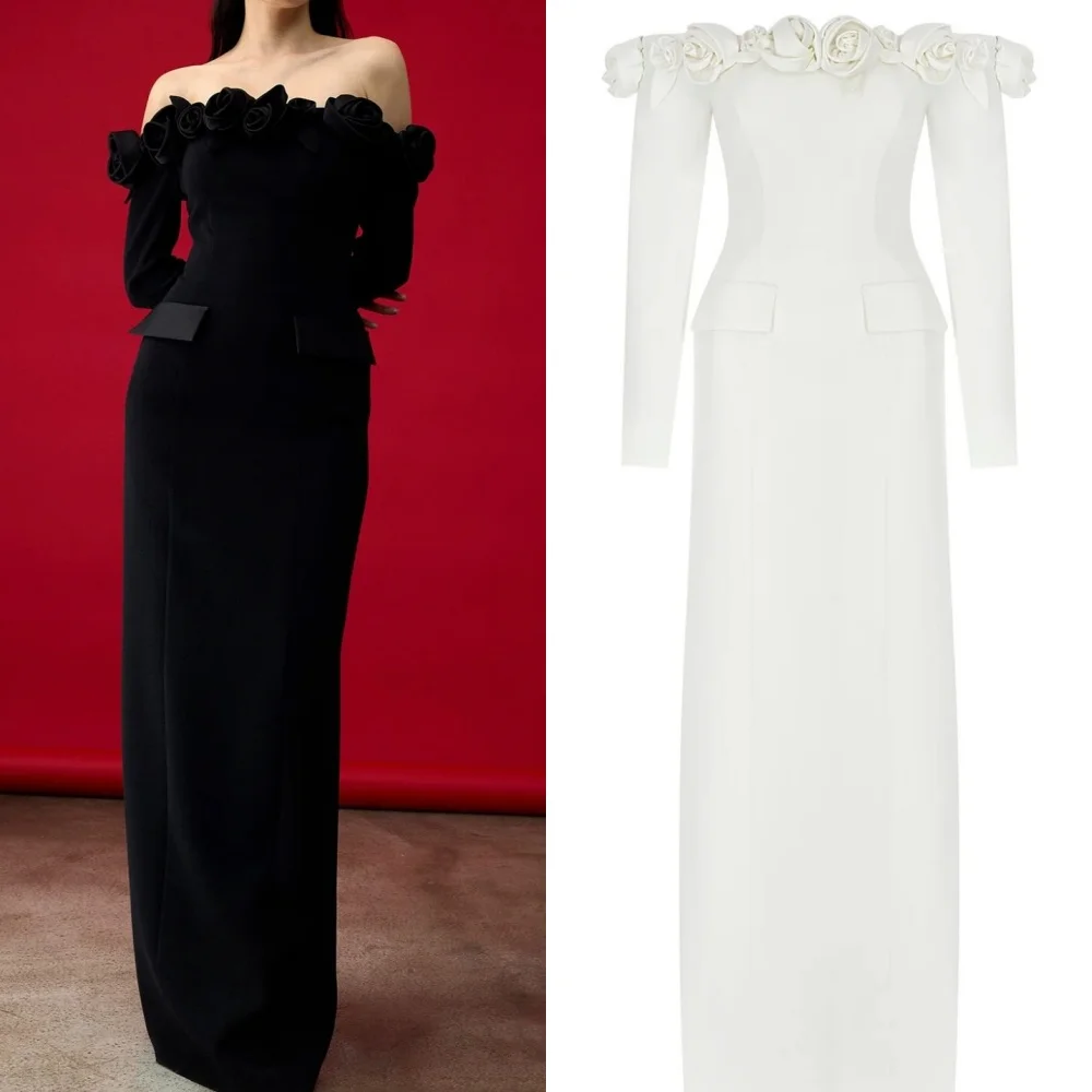 

Customized Modern Style Exquisite Jersey Ruched Handmade Flower Straight Off-the-shoulder Long Dresses Bespoke Occasion Dresses