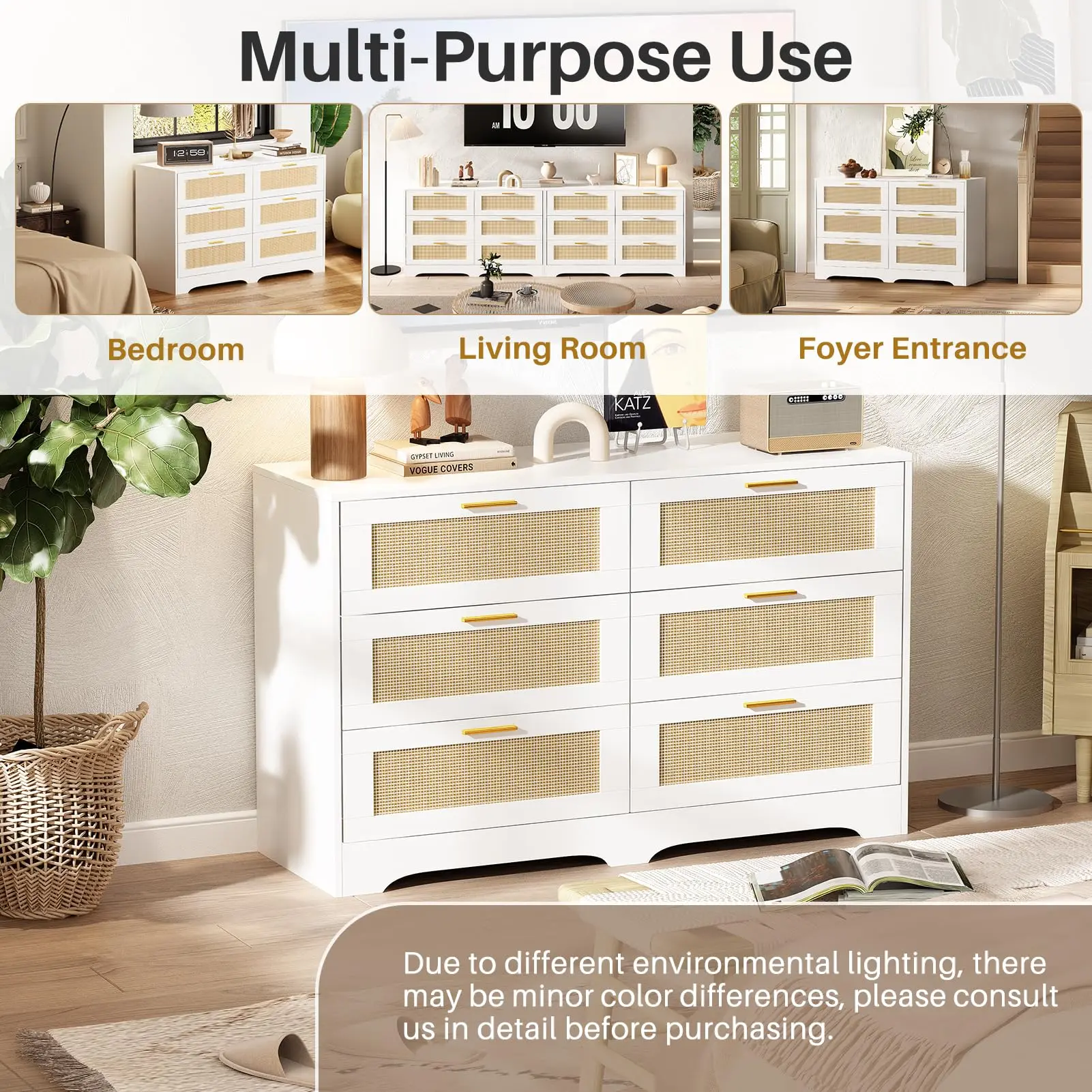 Redlife Rattan Dresser for Bedroom, 6 Drawer Dresser with Golden Handles, Wood Storage Chest of Drawers for Closet, Living Room, Hallway and Entryway - Easy Assembly image 3